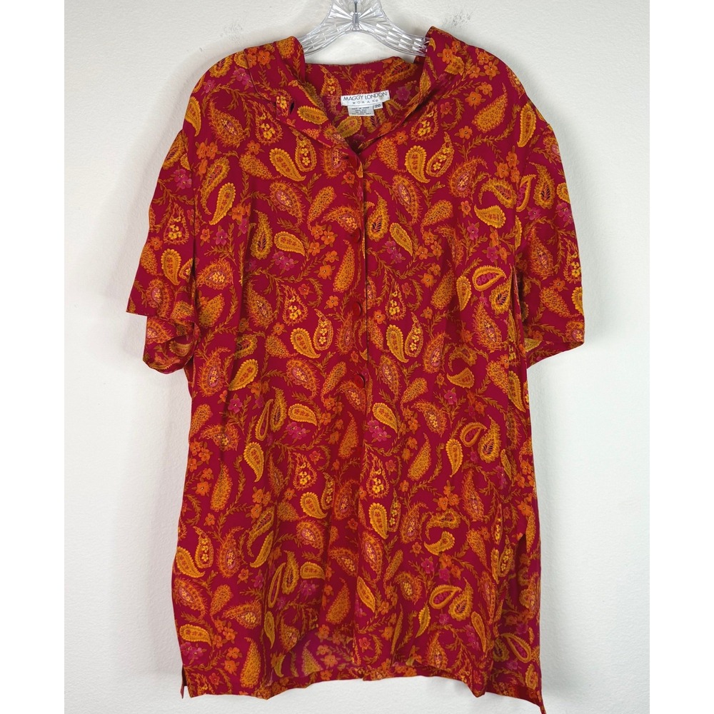 Maggy London Blouse Womens 20 Red Orange Paisley Silk Shoulder Pads Vintage Top
